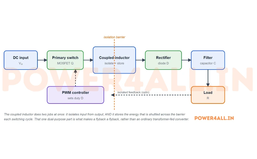 Block diagram of a flyback converter: a DC input feeds a primary MOSFET switch driven by a PWM controller, then a coupled inductor that both isolates and stores energy, then a secondary rectifier diode, an output capacitor filter and the load, with an isolated feedback path returning to the controller.