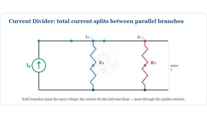 Current divider rule - total current splitting between parallel resistors, I1 = IT times R2 over R1 plus R2 - Topics | Power4All