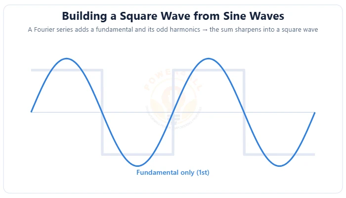 Fourier series building a square wave from a fundamental sine plus its odd harmonics diagram – Topics | Power4All