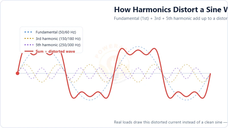 Fundamental plus 3rd and 5th harmonics forming a distorted wave, Total Harmonic Distortion diagram – Topics | Power4All