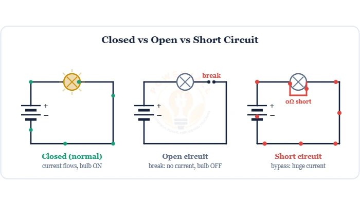 Closed vs open vs short circuit schematic comparison diagram – Topics | Power4All