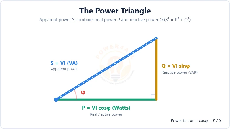 Power triangle showing real power P = VI cos phi, reactive power Q = VI sin phi and apparent power S = VI – Topics | Power4All