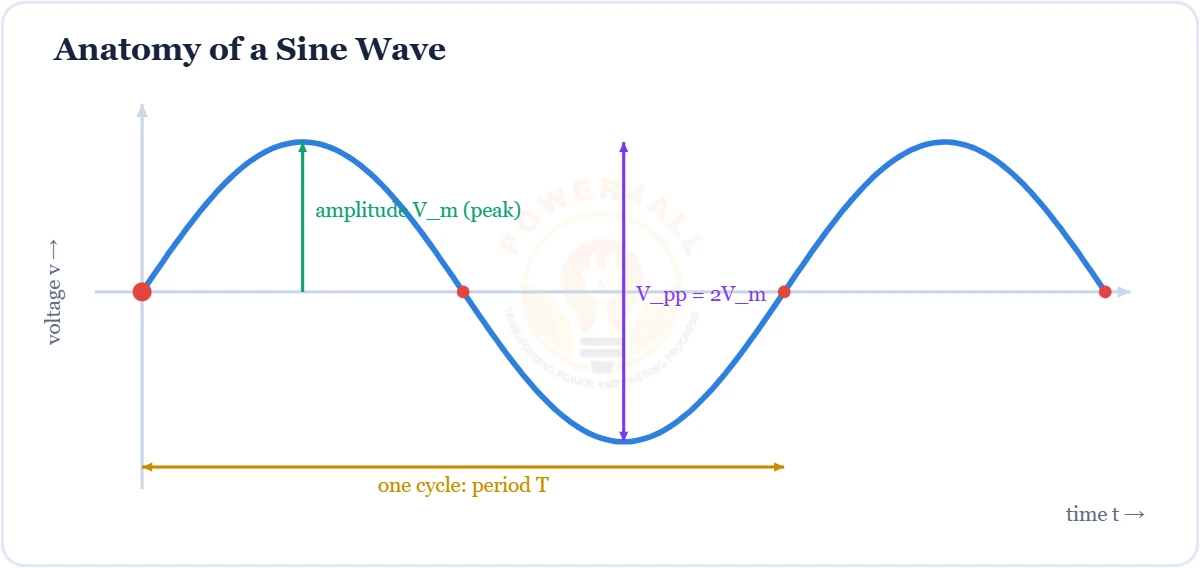 Sine wave anatomy showing amplitude, period and peak-to-peak, v(t) = Vm sin(2 pi f t + phi) diagram – Topics | Power4All