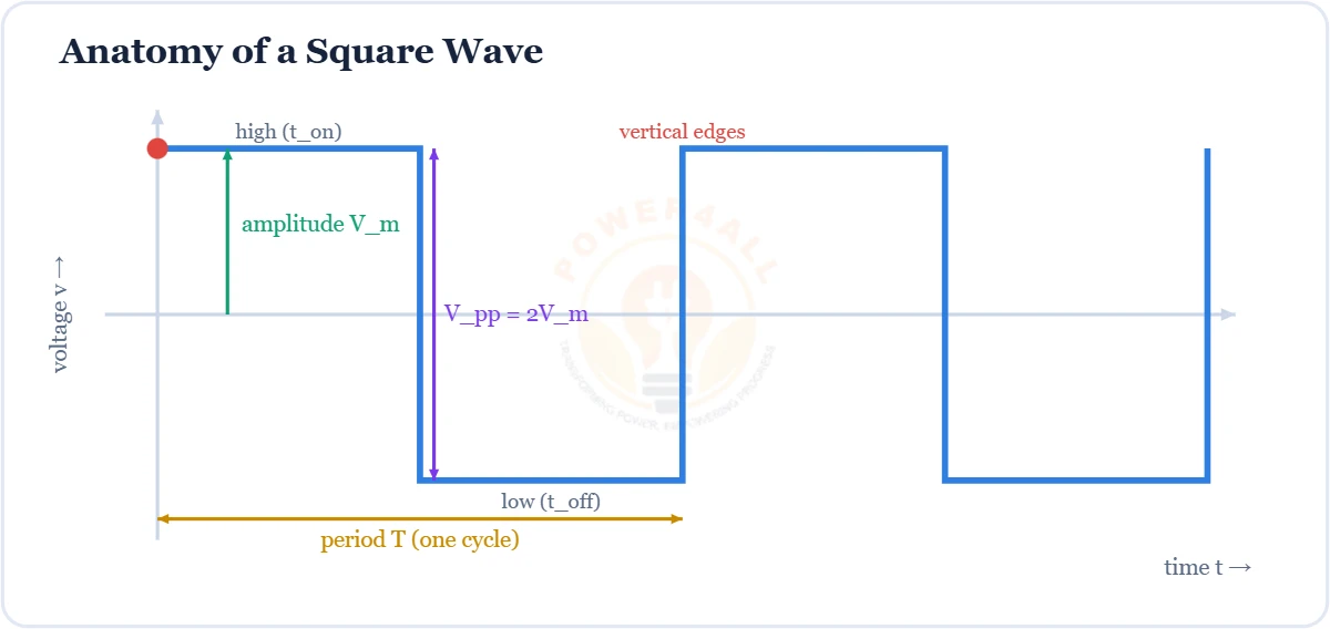 Square wave anatomy showing amplitude, period, high and low time, duty cycle diagram – Topics | Power4All